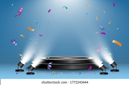 Title	
Round podium, pedestal or platform, illuminated by spotlights in the background. Vector illustration. Bright light. Light from above. Advertising place	