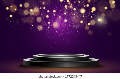 Title	
Round podium, pedestal or platform, illuminated by spotlights in the background. Vector illustration. Bright light. Light from above. Advertising place	