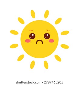 Title: Sad and disappointed sun character face with downcast eyes. Unhappy summer sunshine mascot emoji showing sorrow or bad weather mood