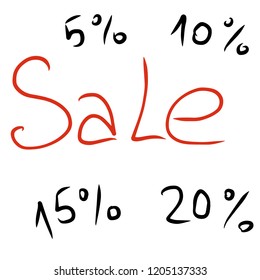 Title Sale, discount percentages inscription, price tags. Lettering shopping design for sales, market, shop, seasonal discounts, fair. Freehand unique black, red calligraphy, market commercial symbols