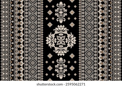 Title: Seamless gold and white floral damask tracery shape with geometric ethnic tradition pattern texture on black and grey background

