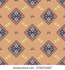Patrón tribal del suroeste sin fisuras con Formas geométricas de diamantes y motivos étnicos en tonos neutros cálidos, ideal para textiles, estampado de telas, Fondo de pantalla, fondos, decoración del hogar y diseño boho moderno