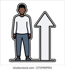 Title: A simple of a person standing next to a large upward-pointing arrow on a white background