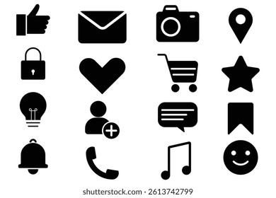 Title: social media icons set social media logo icon - Contact us icon , call, location, message, mail, address, Like, love, bell, lock, star, cart, music, camera, smile, badge. Vector illustration.