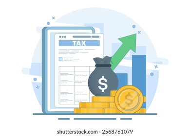 Title: Tax Document Concept with Stack of Gold Coins. Taxable Income Concept Design that is Increasing. taxation, tax form or paper legal document, Business and finance flat design illustration.