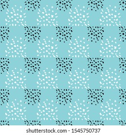Title texture brush stroke, cage surface, ink, stains, abstract spots seamless vector pattern. Blue background.