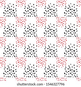 Title texture brush stroke, cage surface, ink, stains, abstract spots seamless vector pattern. Black, red and white.