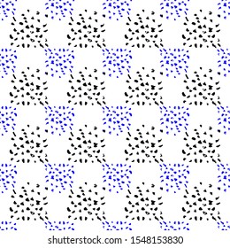 Title texture brush stroke, cage surface, ink, stains, abstract spots seamless vector pattern. Black, blue and white.