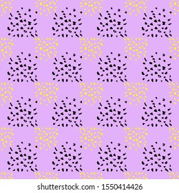 Title texture brush stroke, cage surface, ink, stains, abstract spots seamless vector pattern. Black, lilac and yellow colors.