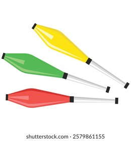 Title Three juggling clubs red green yellow rest on white background. Suitable for circus, entertainment, performer, colorful, jugglingthemed designs and projects.