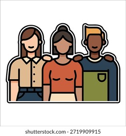 Título: Três pessoas de pé juntas com os braços em volta dos ombros umas das outras sorrindo