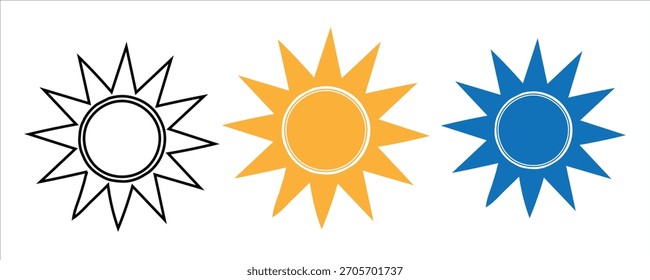 Título: Tres iconos de sol en diferentes estilos y colores

