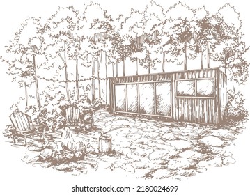 Title: tiny house surrounded by trees conceptual perspective sketch hand drawn vector ink illustration