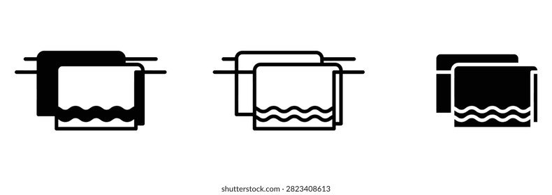 Title: Towel Rack Icon Set Vector Illustration - Hanging Bathroom Towels, Clean Soft Bath Cloth, Towel Rail Holder in Solid, Line, and Silhouette Styles for Hotel, Spa, Hygiene, and Web UI