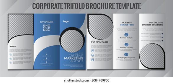 Title: Tri-fold brochure design. Corporate business template for tri-fold flyer with rhombus square shapes. Corporate Tri-Fold Brochure Design Template. Blue, Black. Full Design in one mockup.
