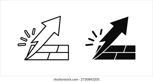 Title: Two arrows pointing upwards with lightning bolts breaking through brick walls