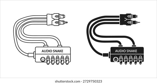 Title: Two audio snake cables with multiple connectors and labeled audio snake box