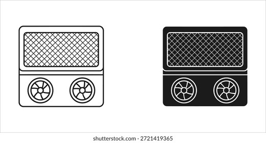 Título: Dos ventiladores de enfriamiento de computadora en blanco y negro con frentes de malla y ventiladores circulares