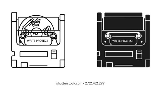 Title: Two black and white floppy disk drives with write protect tabs and internal mechanisms