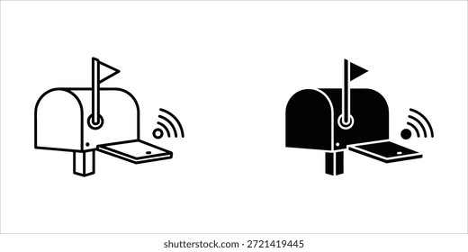 Title: Two black and white line of mailboxes with flags and smartphones showing wireless signals
