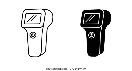 Titel: Zwei schwarz-weiße Handheld-Barcode-Scanner mit Bildschirm und Betriebsschalter