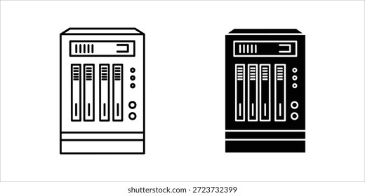 Title: Two black and white line of server racks with multiple drives
