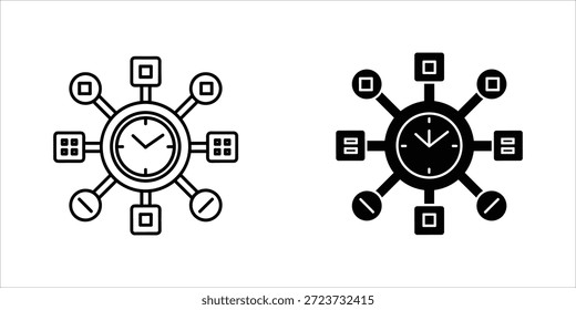 Title: Two black and white line of a clock with connected representing different functions