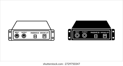 Title: Two black and white line of a DI box with input and output jacks and switches