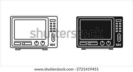 Title: Two black and white line of vintage television sets with SDI labels and control buttons