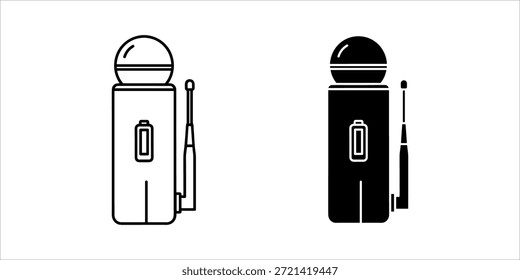 Título: Dos micrófonos en blanco y negro con soportes y un indicador de batería
