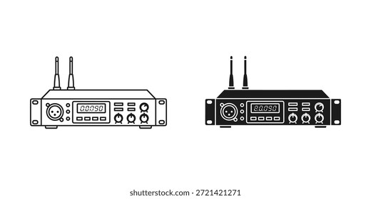Título: Dos receptores de audio inalámbricos en blanco y negro con perillas digitales y de control