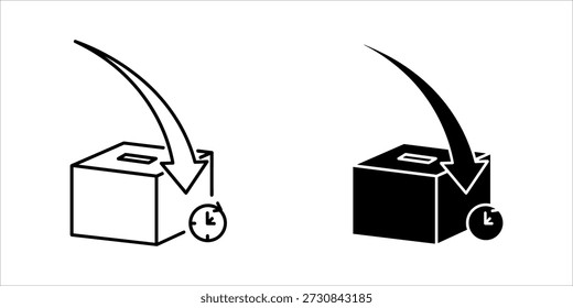 Title: Two box with an arrow pointing downwards and a clock in black and white versions