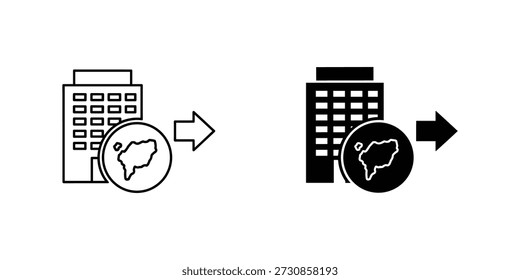 Título: Dois edifícios com mapas e setas indicando movimento em preto e branco