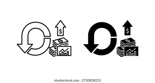 Title: Two circular arrows with money and graph representing financial growth and investment