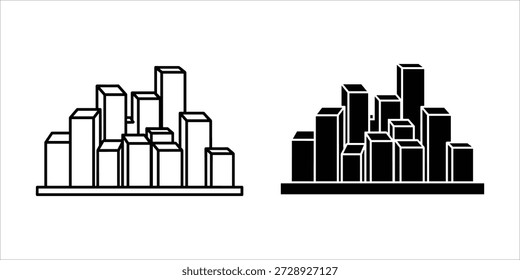 Title: Two city skylines with various buildings on a white background