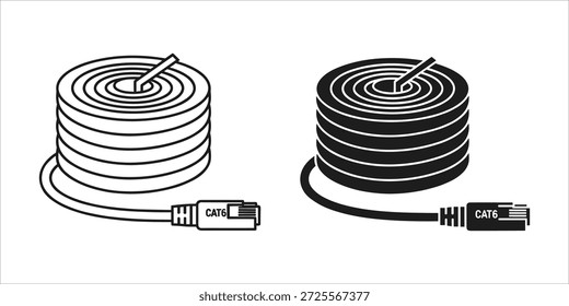 Titel: Zwei gewickelte CAT6-Kabel mit Steckern in schwarz-weißer Linienführung