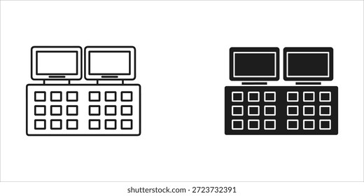 Título: Dos teclados de computadora con monitores duales en estilo de línea en blanco y negro