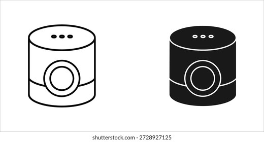 Título: Dos altavoces inteligentes cilíndricos con Botones circulares e indicadores en blanco y negro
