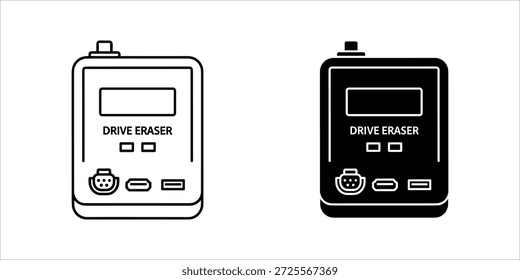 Title: Two drive eraser devices with various ports and buttons in black and white line style