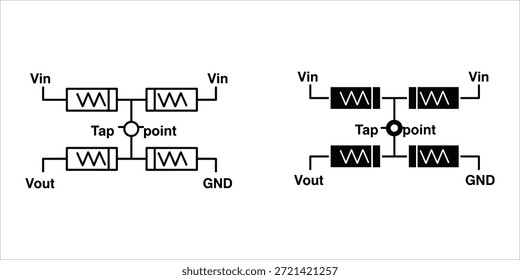 Título: Dois diagramas de circuitos elétricos com resistores e pontos de toque em branco e preto
