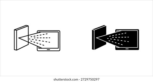 Title: Two electronic devices with a beam of light connecting them on a white background