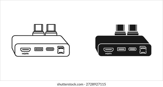 Title: Two electronic devices with HDMI ports and USB connectors on white and black backgrounds