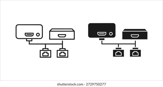 Título: Dos dispositivos HDMI conectados a dispositivos de red en fondos blancos y negros