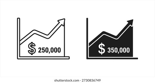 Title: Two line graphs showing financial growth with dollar amounts of 250000 and 350000