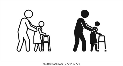Título: Dos personas asistiendo a personas mayores con caminantes en línea minimalista