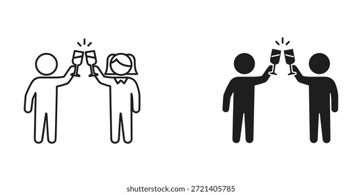 Título: Dos personas tintineando copas de vino en celebración en un estilo de línea minimalista