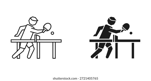 Título: Dos personas jugando tenis de mesa con figuras de diferentes colores
