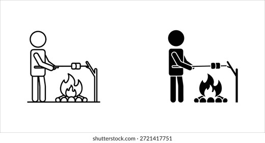Título: Dos personas asando malvaviscos sobre una fogata en un minimalista blanco y negro