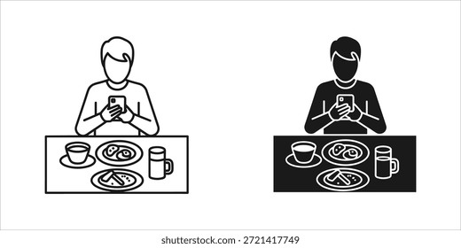 Título: Duas pessoas sentadas em uma mesa usando smartphones enquanto comem comida