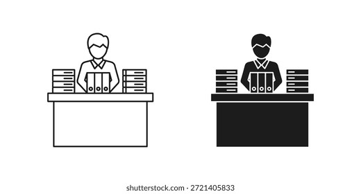 Titel: Zwei Personen, die hinter einer Theke stehen, mit Büchern und einem Computer in einem Minimalisten